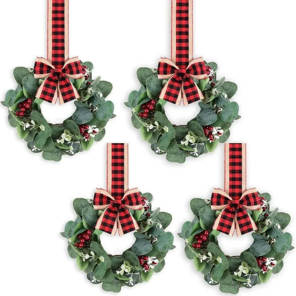 4-Pack Mini Christmas Faux Wreaths with Red Black Plaid Bows for Home Decor